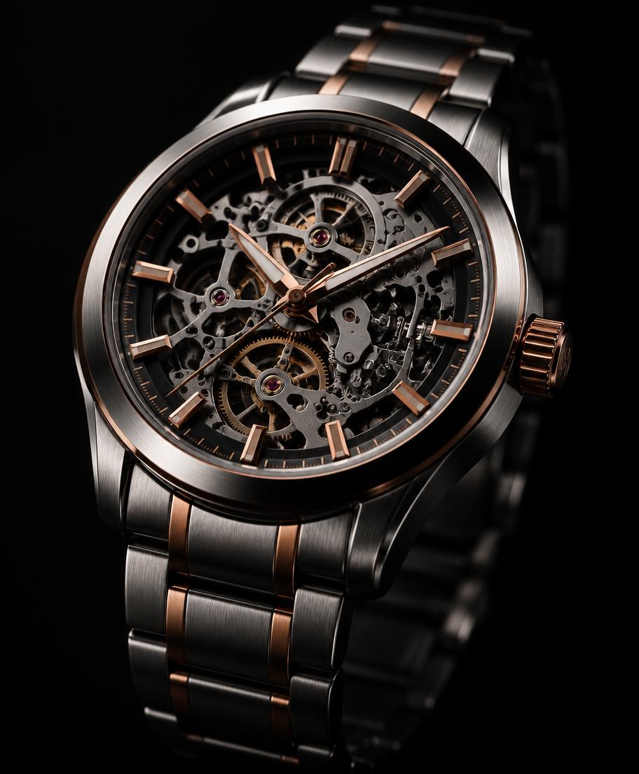 Skeleton automatic watch with copper accents